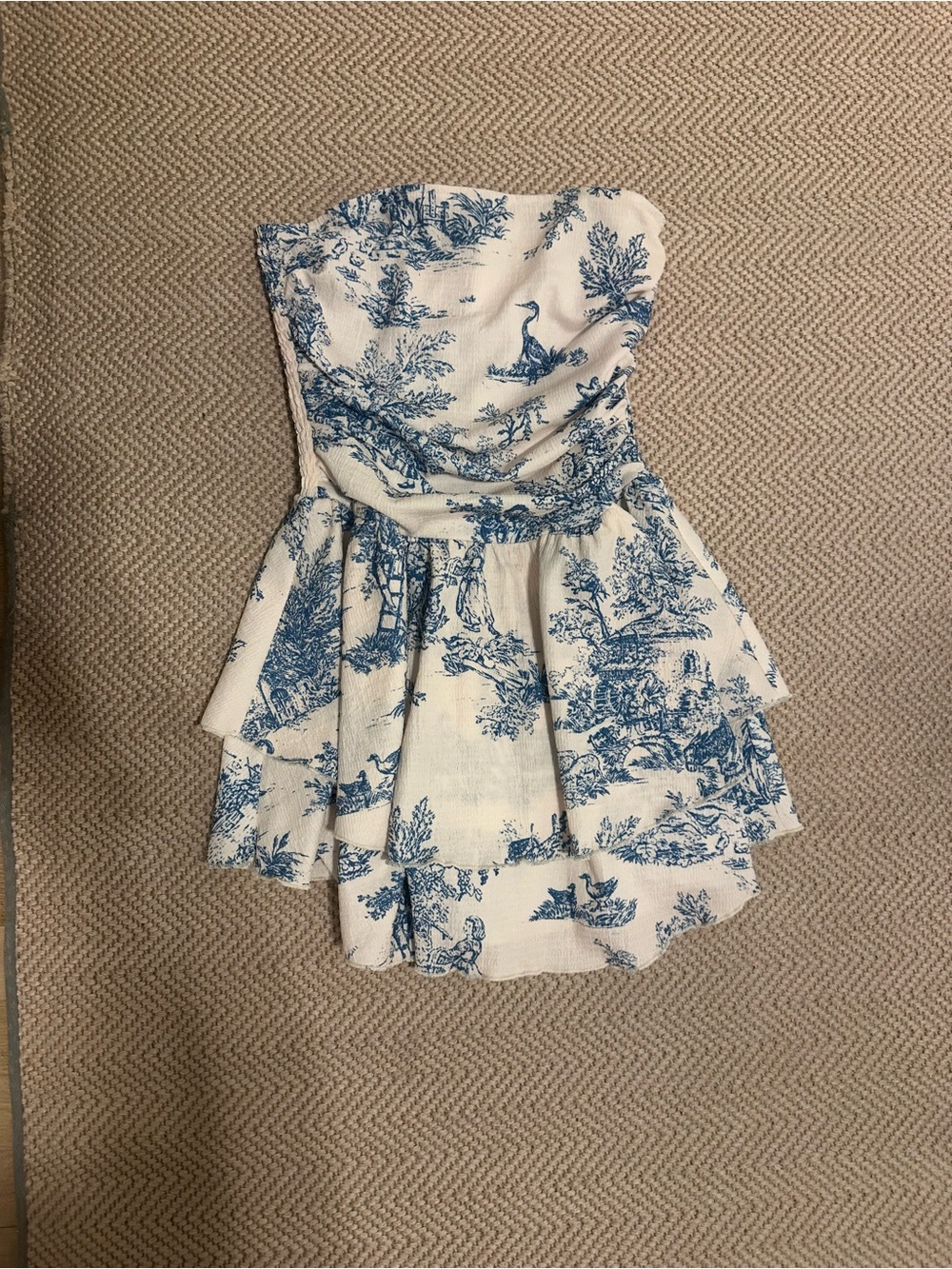 Cider White and Blue Toile Tiered Strapless Girls' Dress small